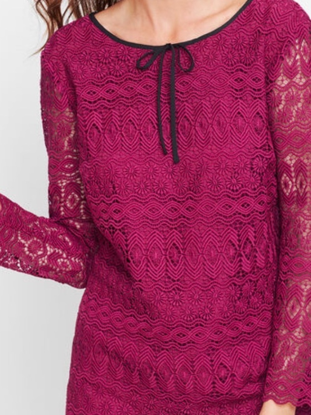 NWT , cranberry , lacy top, with tie on neckline